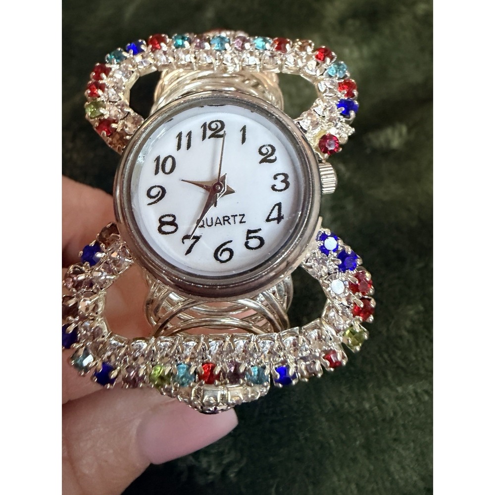 Expandable Rainbow Rhinestone Gemstone Cuff Watch Silver